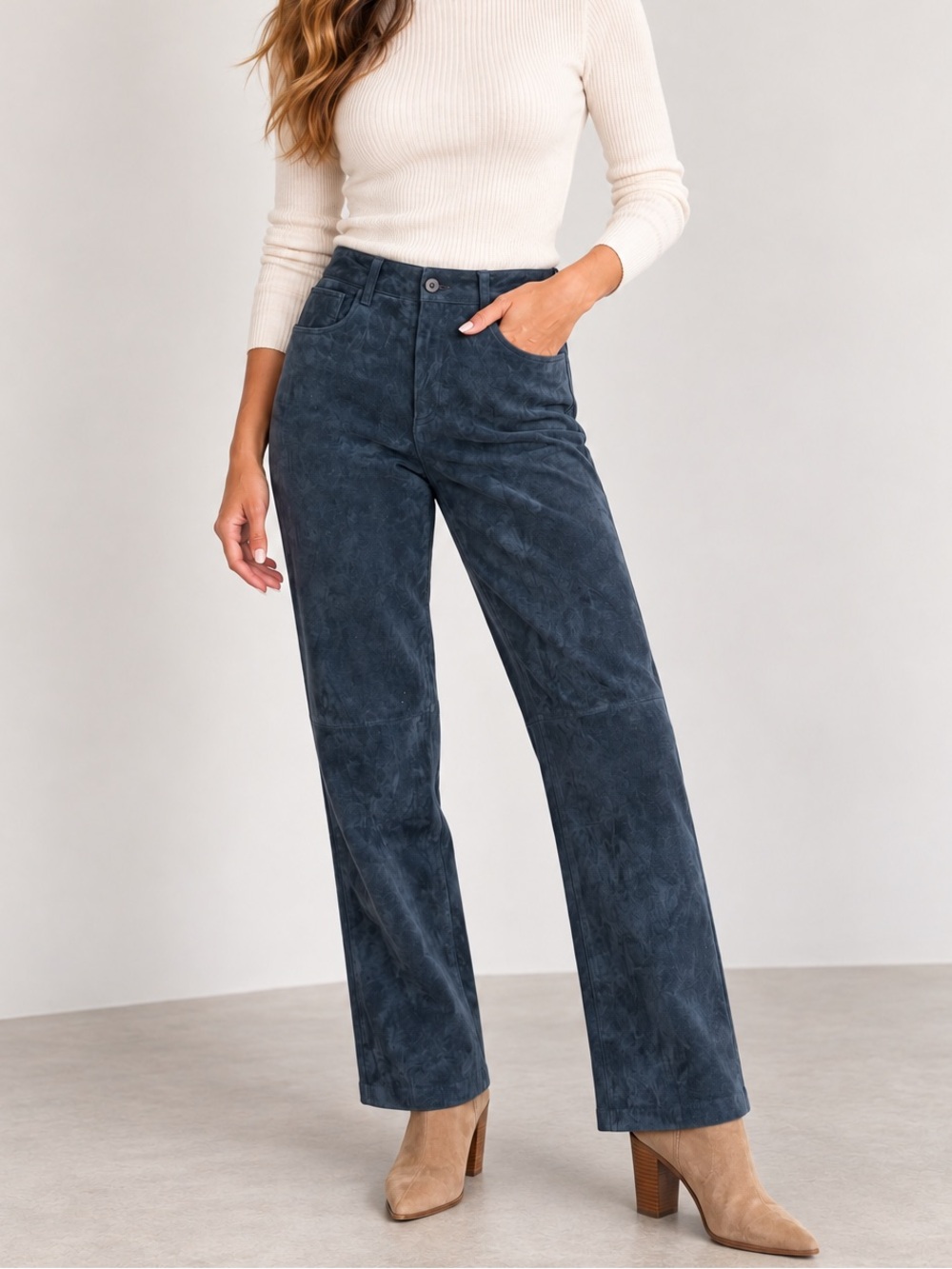 Nordstrom Navy Genuine Suede Leather Straight Leg Pants High Rise 8 NWOT